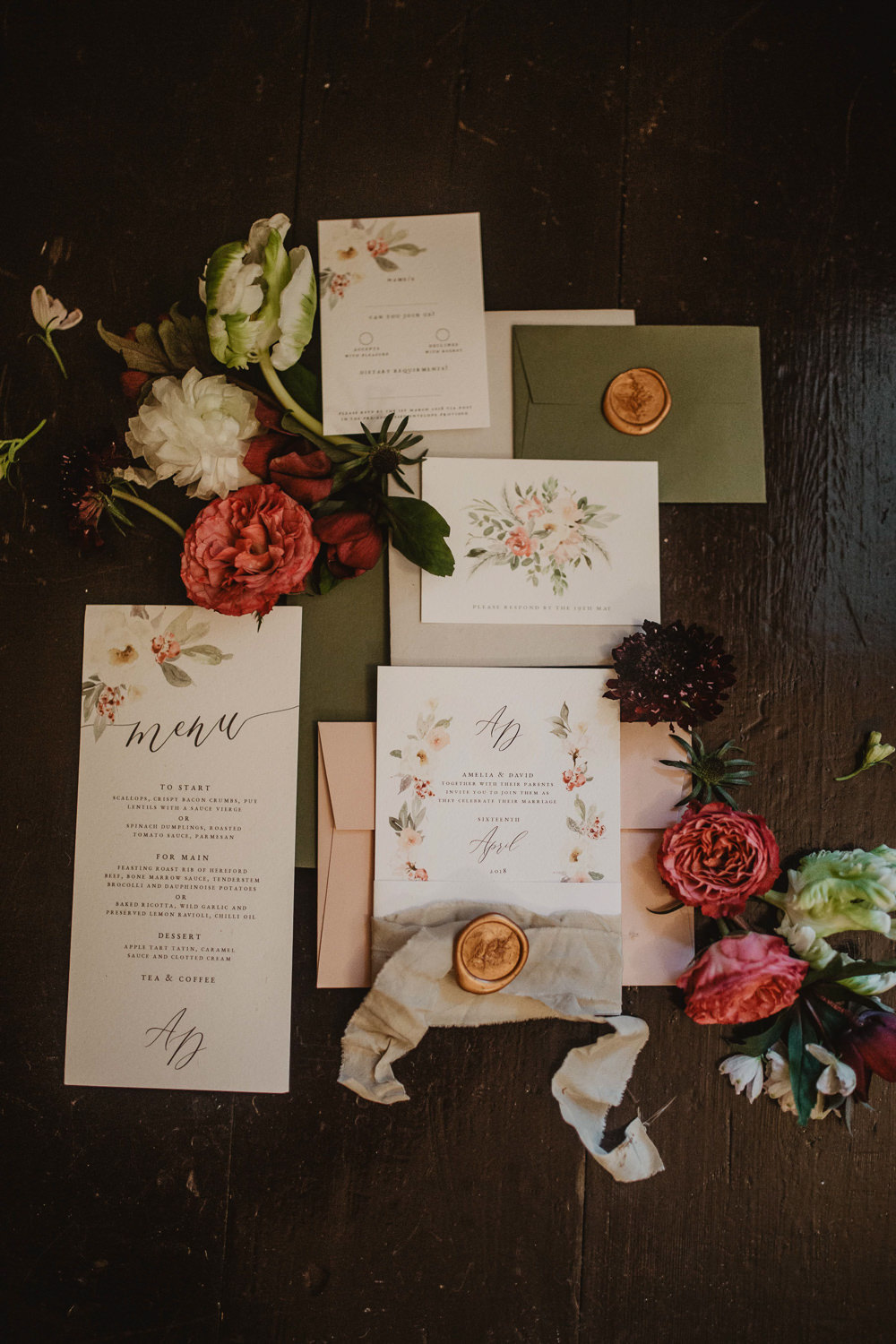 Stationery Invitations Invites Floral Flowers Wax Seal Calligraphy Edwardian Wedding Ideas Camilla Andrea Photography
