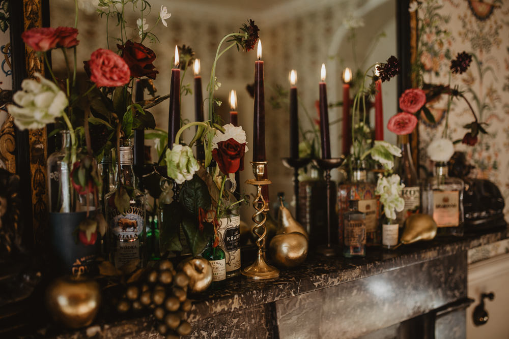 Fireplace Mantle Piece Flowers Bottles Candles Decor Edwardian Wedding Ideas Camilla Andrea Photography