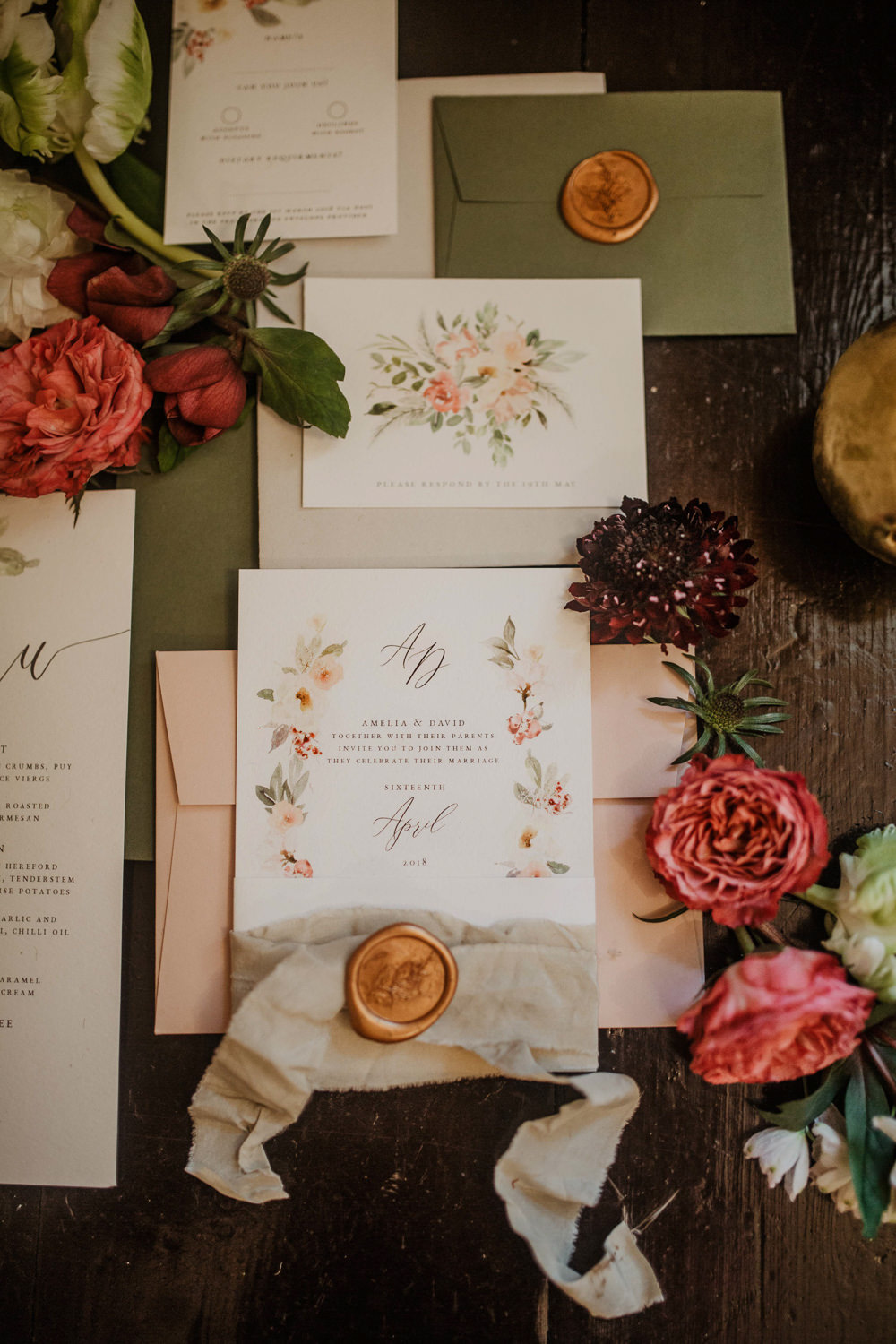 Stationery Invitations Invites Floral Flowers Wax Seal Calligraphy Edwardian Wedding Ideas Camilla Andrea Photography