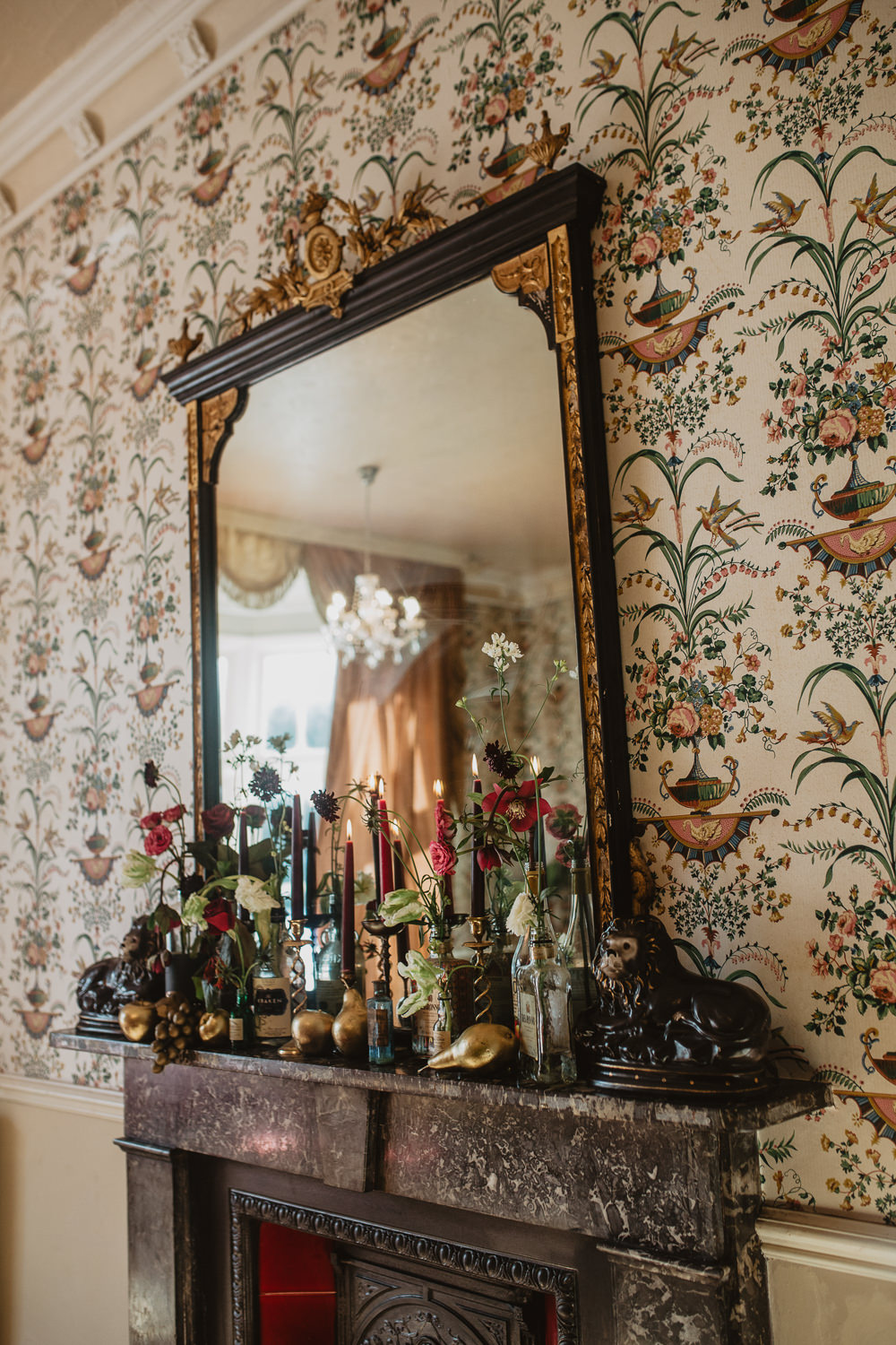 Fireplace Mantle Piece Flowers Bottles Candles Decor Edwardian Wedding Ideas Camilla Andrea Photography
