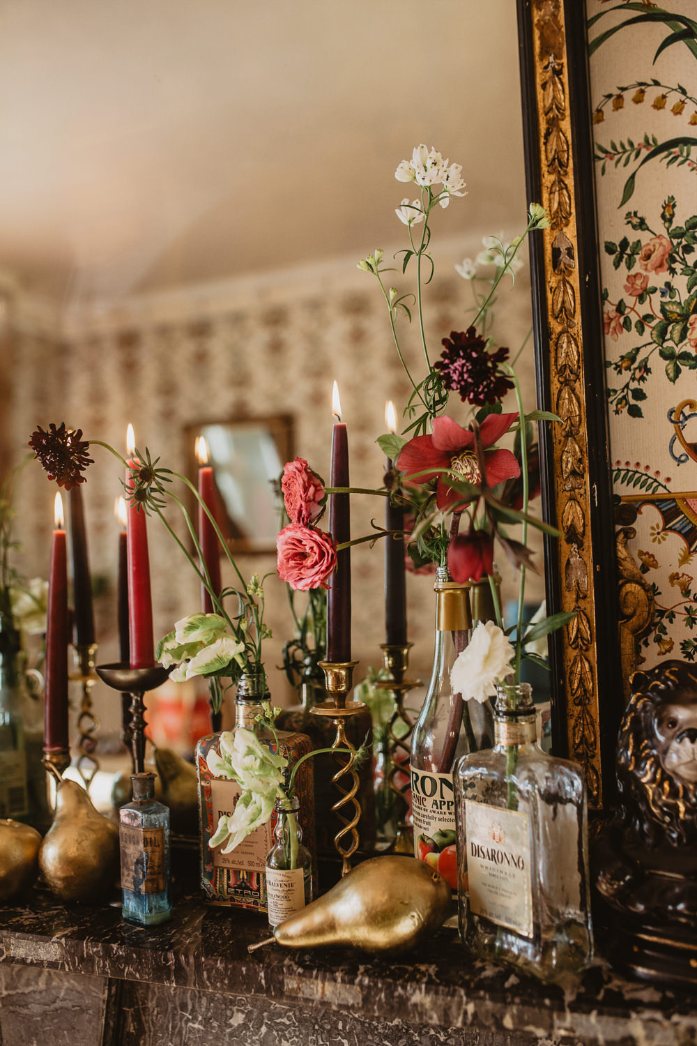 Fireplace Mantle Piece Flowers Bottles Candles Decor Edwardian Wedding Ideas Camilla Andrea Photography