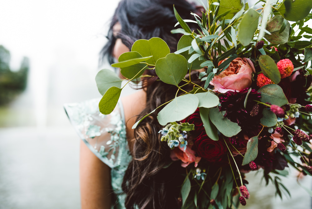 Bouquet Flowers Bride Bridal Greenery Foliage Rose Red Orange Cosmos Dahlias Oxypetalum Ethereal Romantic Wedding Ideas DHW Photography
