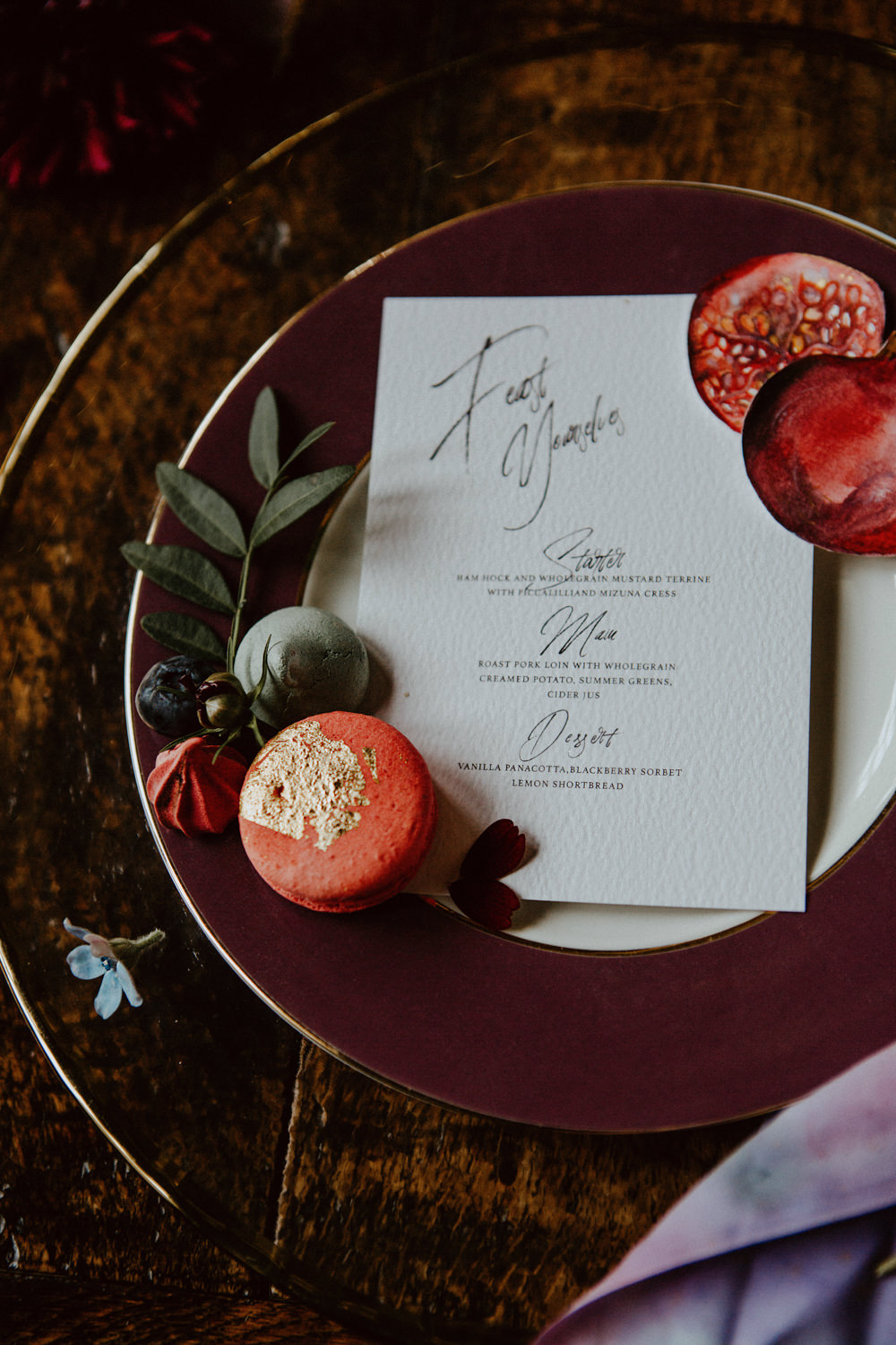Place Setting Plate Decor Gold Cutlery Plum Stationery Napkin Fruit Ethereal Romantic Wedding Ideas Katherine Newman Photography