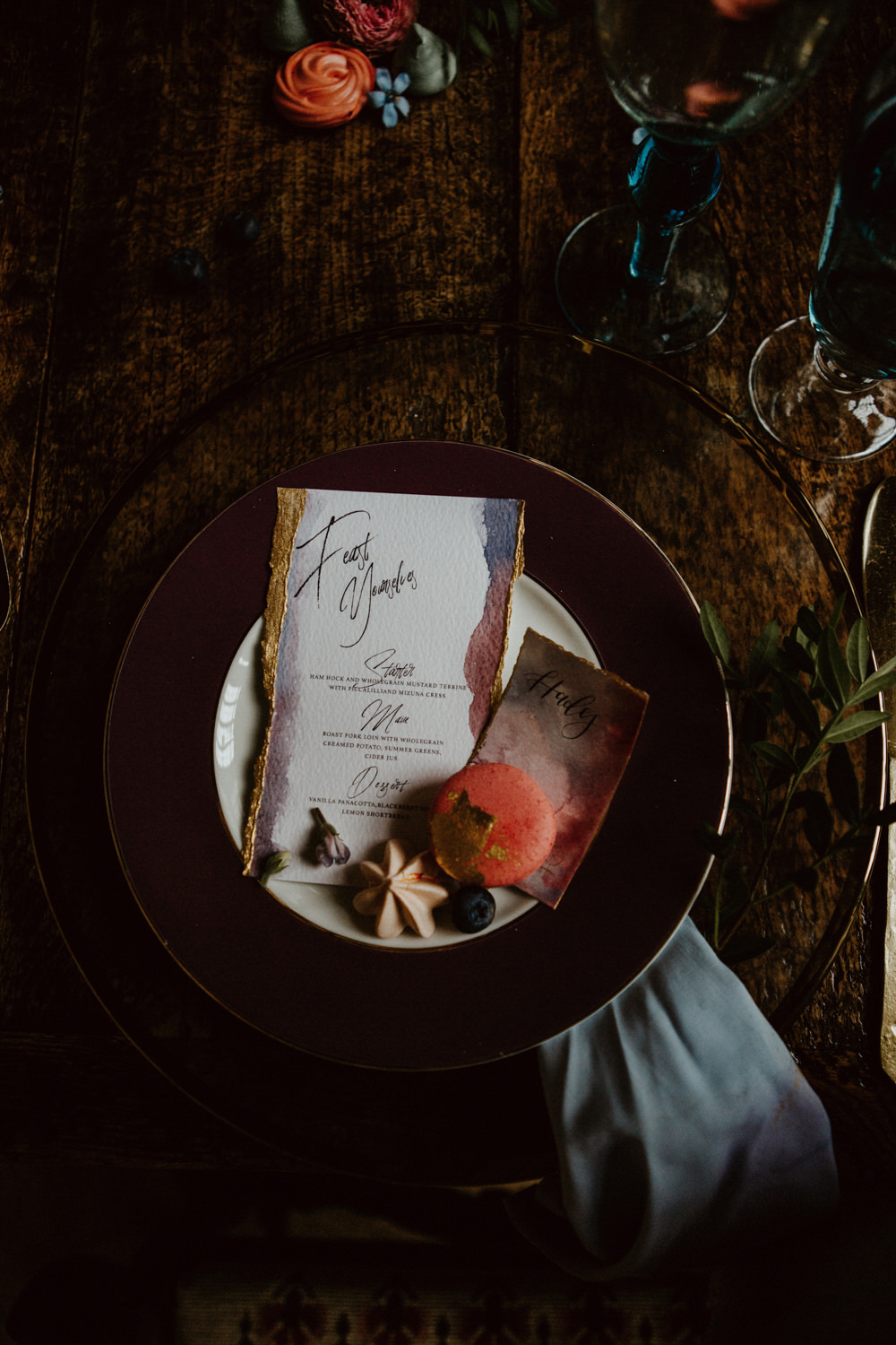 Place Setting Plate Decor Gold Cutlery Plum Stationery Napkin Ethereal Romantic Wedding Ideas Katherine Newman Photography