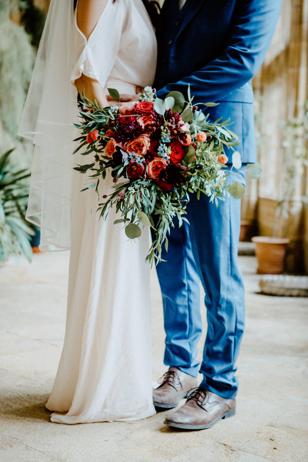Bouquet Flowers Bride Bridal Greenery Foliage Rose Red Orange Cosmos Dahlias Oxypetalum Ethereal Romantic Wedding Ideas Katherine Newman Photography