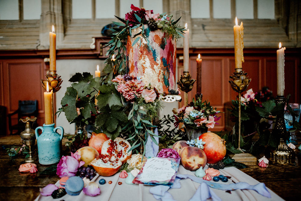 Cake Table Candles Flowers Greenery Fruit Paint Brush Stroke Art Ethereal Romantic Wedding Ideas Katherine Newman Photography