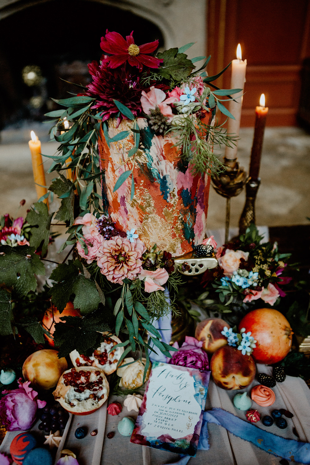 Cake Table Candles Flowers Greenery Fruit Paint Brush Stroke Art Ethereal Romantic Wedding Ideas Katherine Newman Photography
