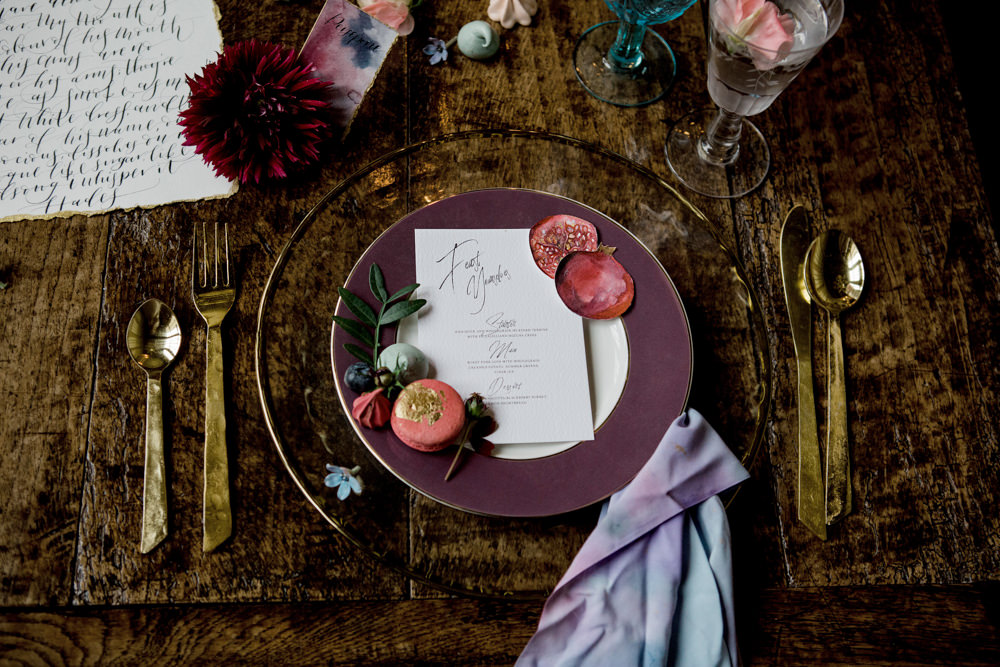 Place Setting Plate Decor Gold Cutlery Plum Stationery Napkin Ethereal Romantic Wedding Ideas Katherine Newman Photography