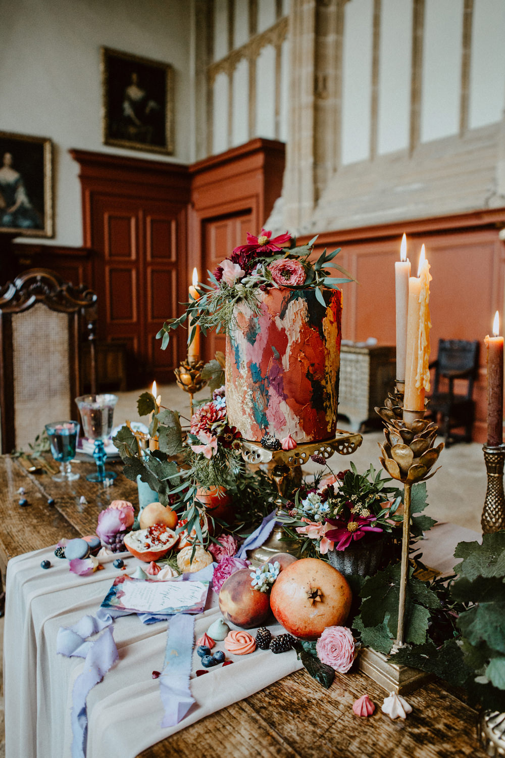 Cake Table Candles Flowers Greenery Fruit Paint Brush Stroke Art Ethereal Romantic Wedding Ideas Katherine Newman Photography
