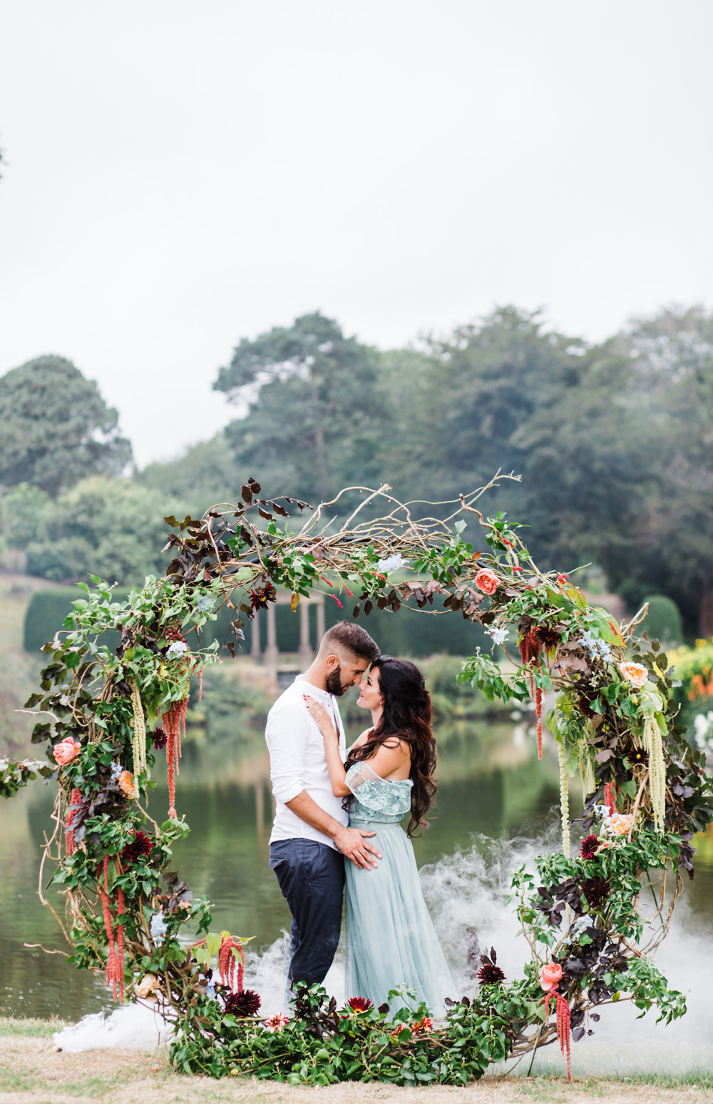Flowers Moongate Arch Backdrop Greenery Foliage Amaranthus Willow Dahlias Ethereal Romantic Wedding Ideas Katherine Newman Photography