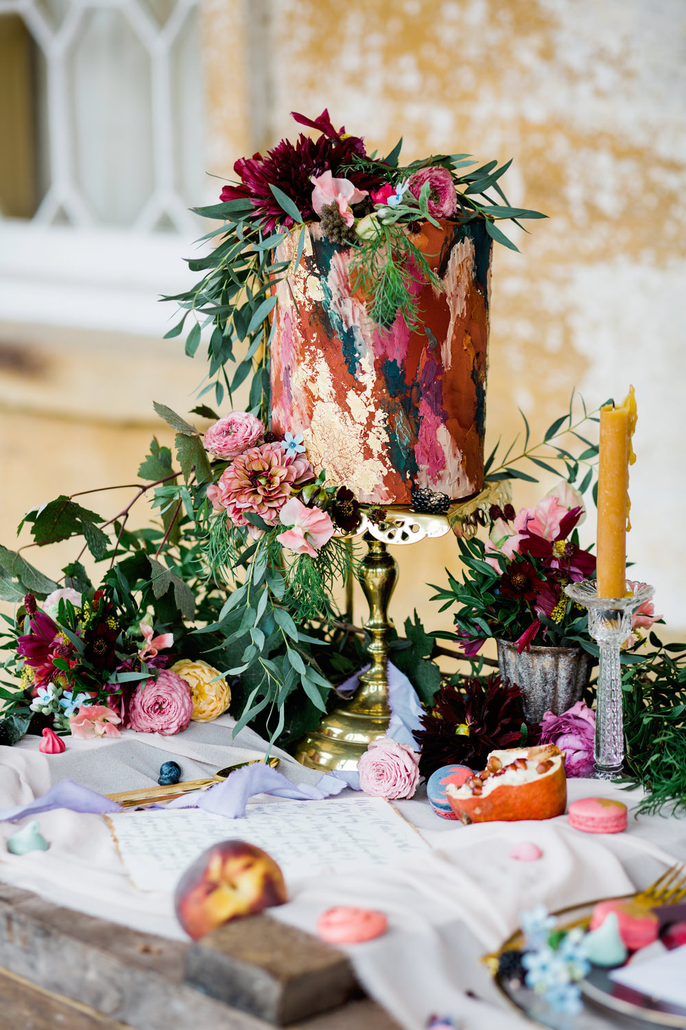 Cake Table Candles Flowers Greenery Fruit Paint Brush Stroke Art Ethereal Romantic Wedding Ideas Katherine Newman Photography