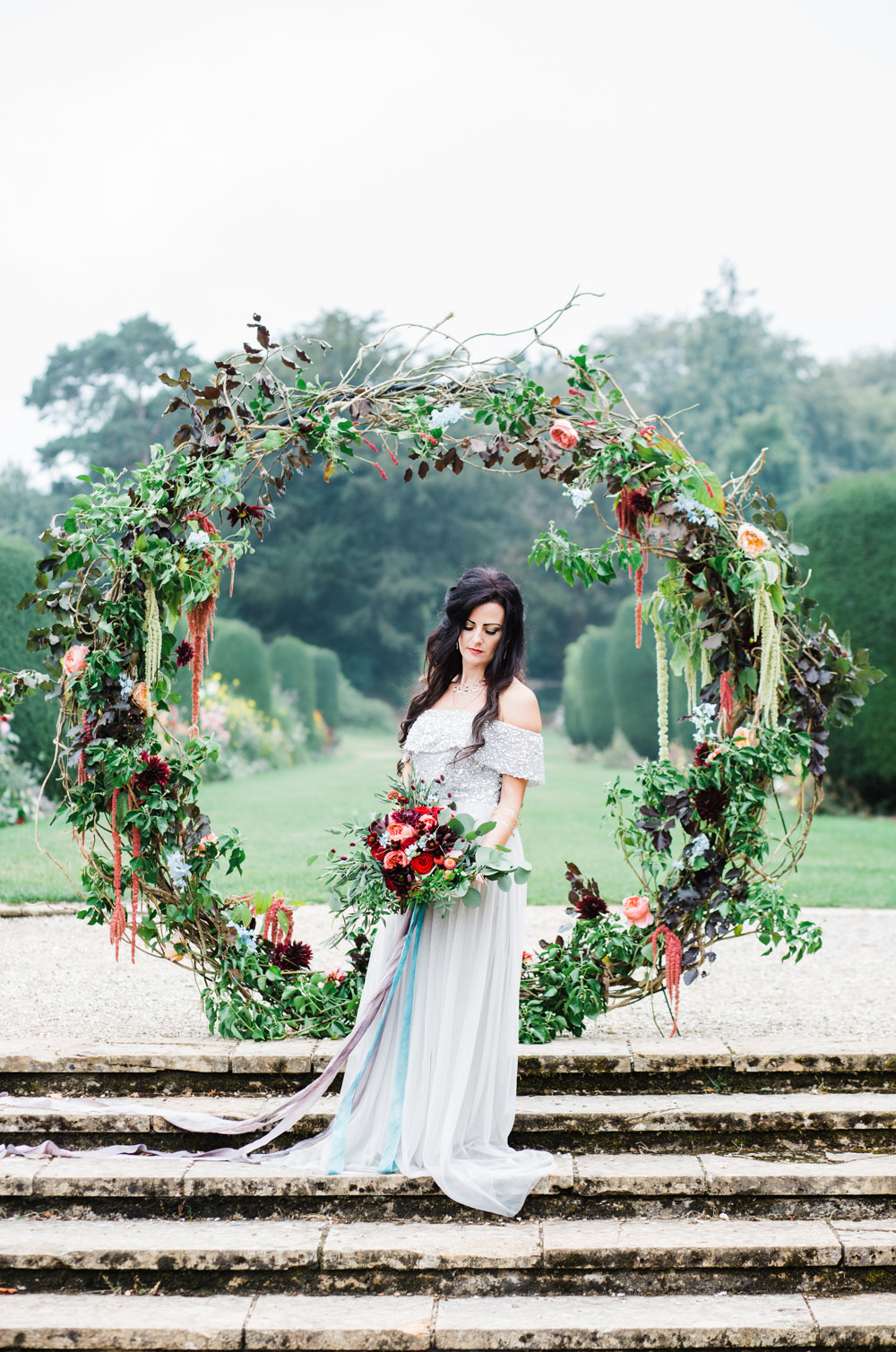 Flowers Moongate Arch Backdrop Greenery Foliage Amaranthus Willow Dahlias Ethereal Romantic Wedding Ideas Katherine Newman Photography