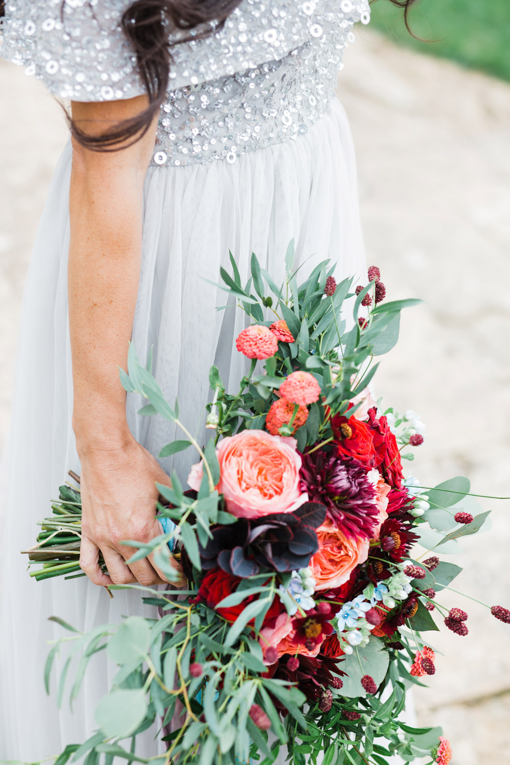 Bouquet Flowers Bride Bridal Greenery Foliage Rose Red Orange Cosmos Dahlias Oxypetalum Ribbons Ethereal Romantic Wedding Ideas Katherine Newman Photography