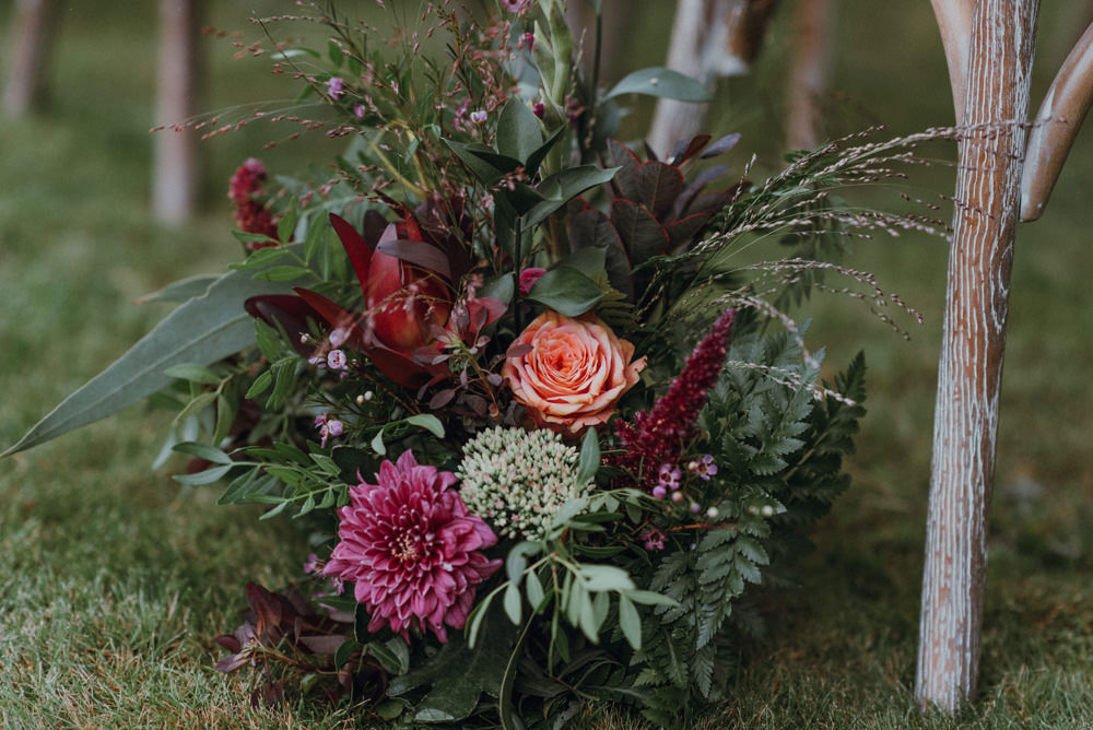 Aisle Decor Floral Arrangement Pink Burgundy Greenery Felin Newydd House Wedding Christopherian.co.uk