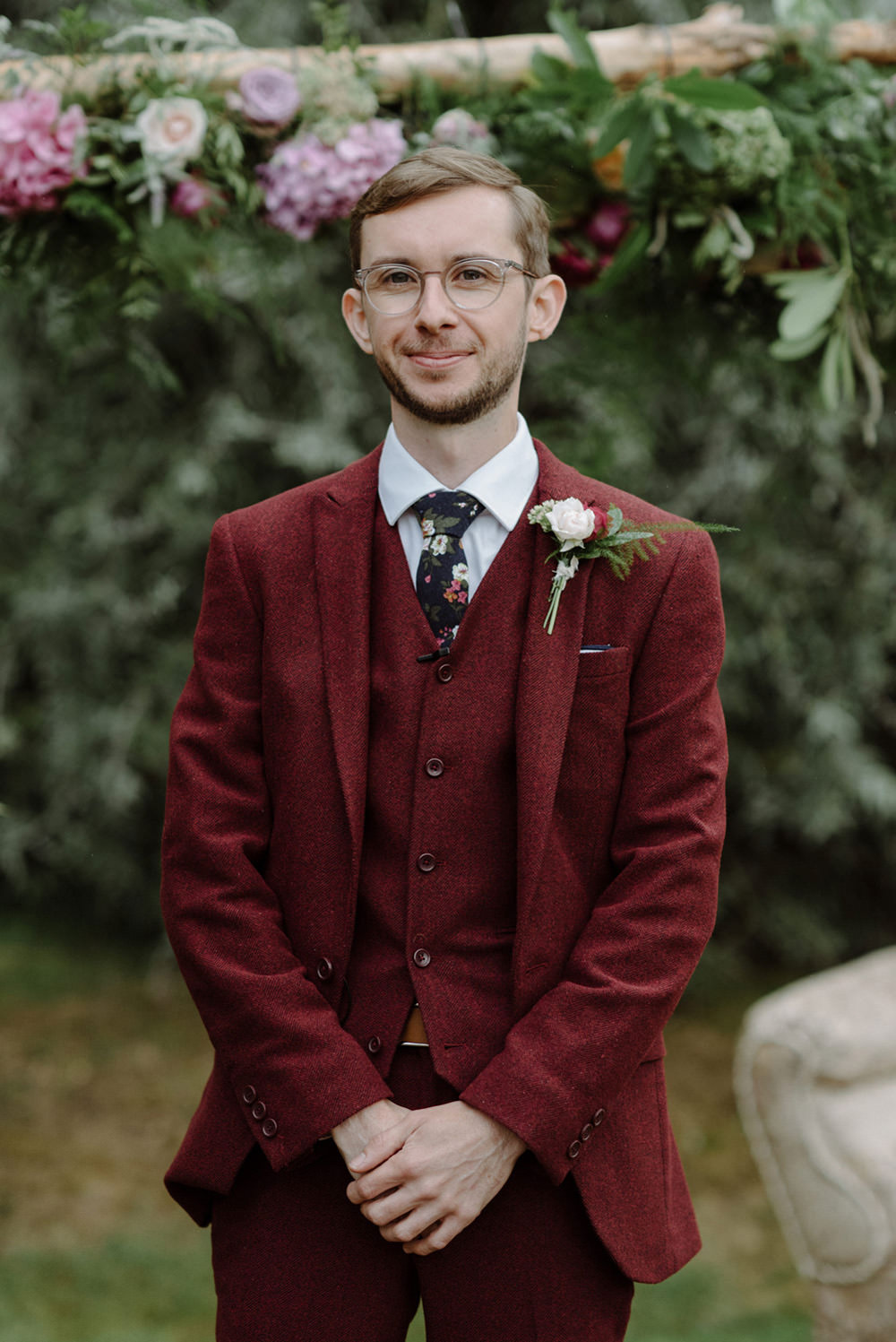 Red Burgundy Three Piece Suit Groom Felin Newydd House Wedding Christopherian.co.uk
