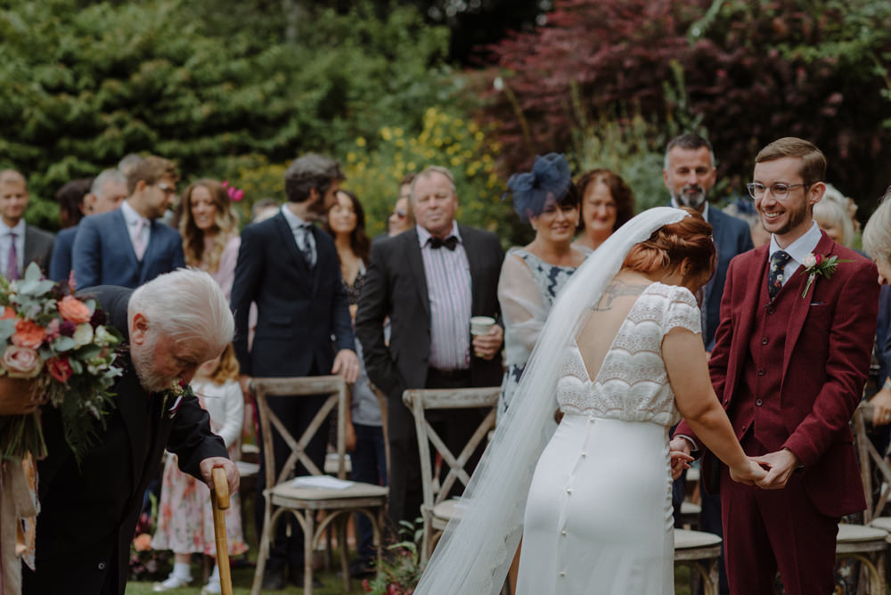 Bride Bridal Short Cap Sleeve Slip Dress Laure de Sagazan Dress Gown V Back Veil Red Wine Burgundy Suit Felin Newydd House Wedding Christopherian.co.uk