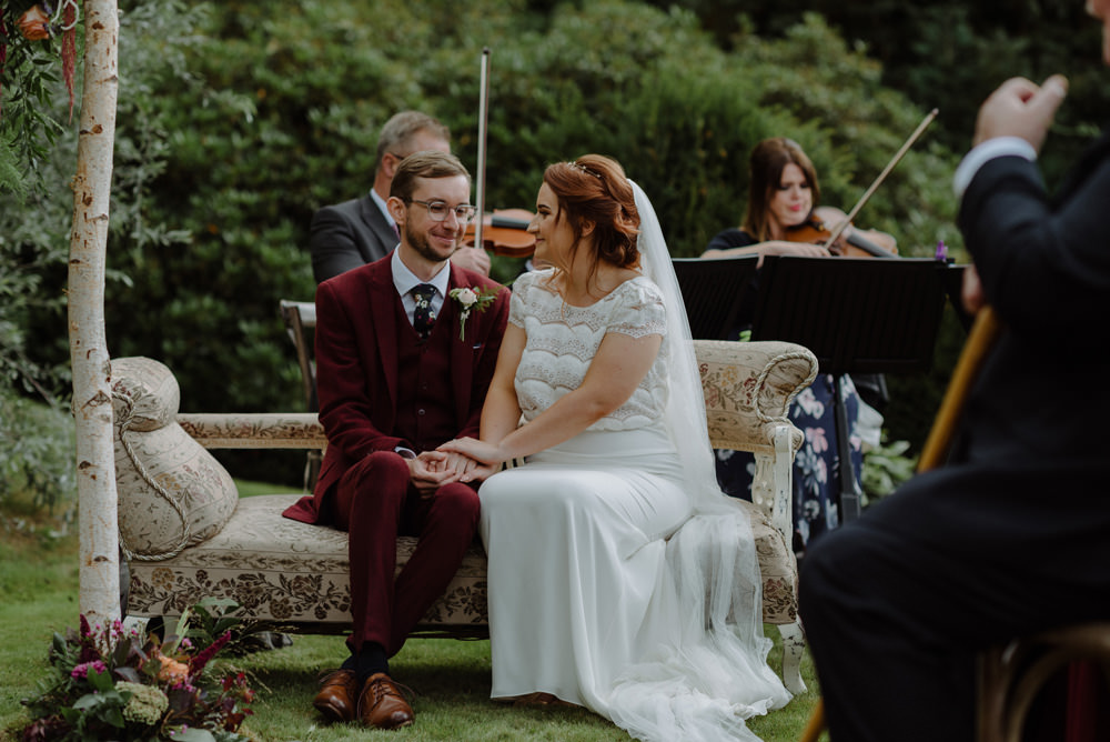 Bride Bridal Short Cap Sleeve Slip Dress Laure de Sagazan Dress Gown V Back Veil Red Wine Burgundy Suit Felin Newydd House Wedding Christopherian.co.uk