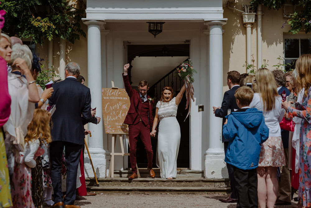 Bride Bridal Short Cap Sleeve Slip Dress Laure de Sagazan Dress Gown V Back Veil Red Wine Burgundy Suit Bouquet Ribbon Felin Newydd House Wedding Christopherian.co.uk