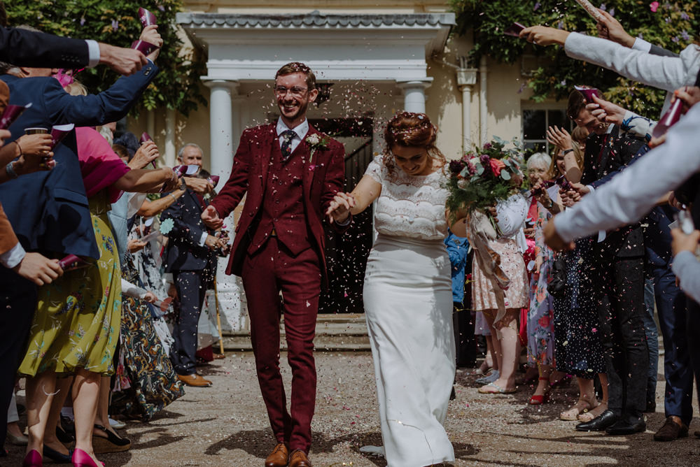 Bride Bridal Short Cap Sleeve Slip Dress Laure de Sagazan Dress Gown V Back Veil Red Wine Burgundy Suit Burgundy Confetti Felin Newydd House Wedding Christopherian.co.uk