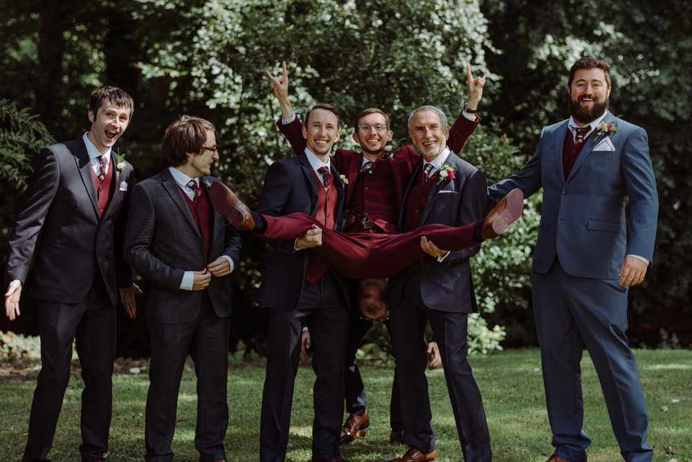 Burgundy Three Piece Suit Red Wine Groom Ushers Groomsmen Felin Newydd House Wedding Christopherian.co.uk