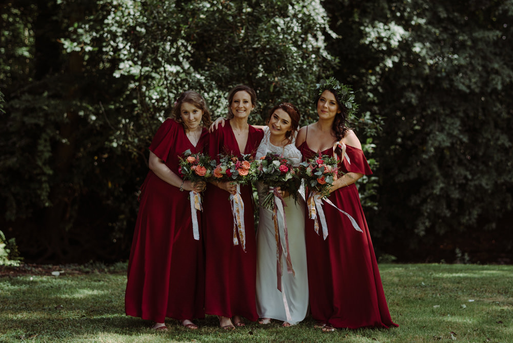 Bride Bridal Short Cap Sleeve Slip Dress Laure de Sagazan Dress Gown Red Wine Burgundy Bridesmaids Felin Newydd House Wedding Christopherian.co.uk