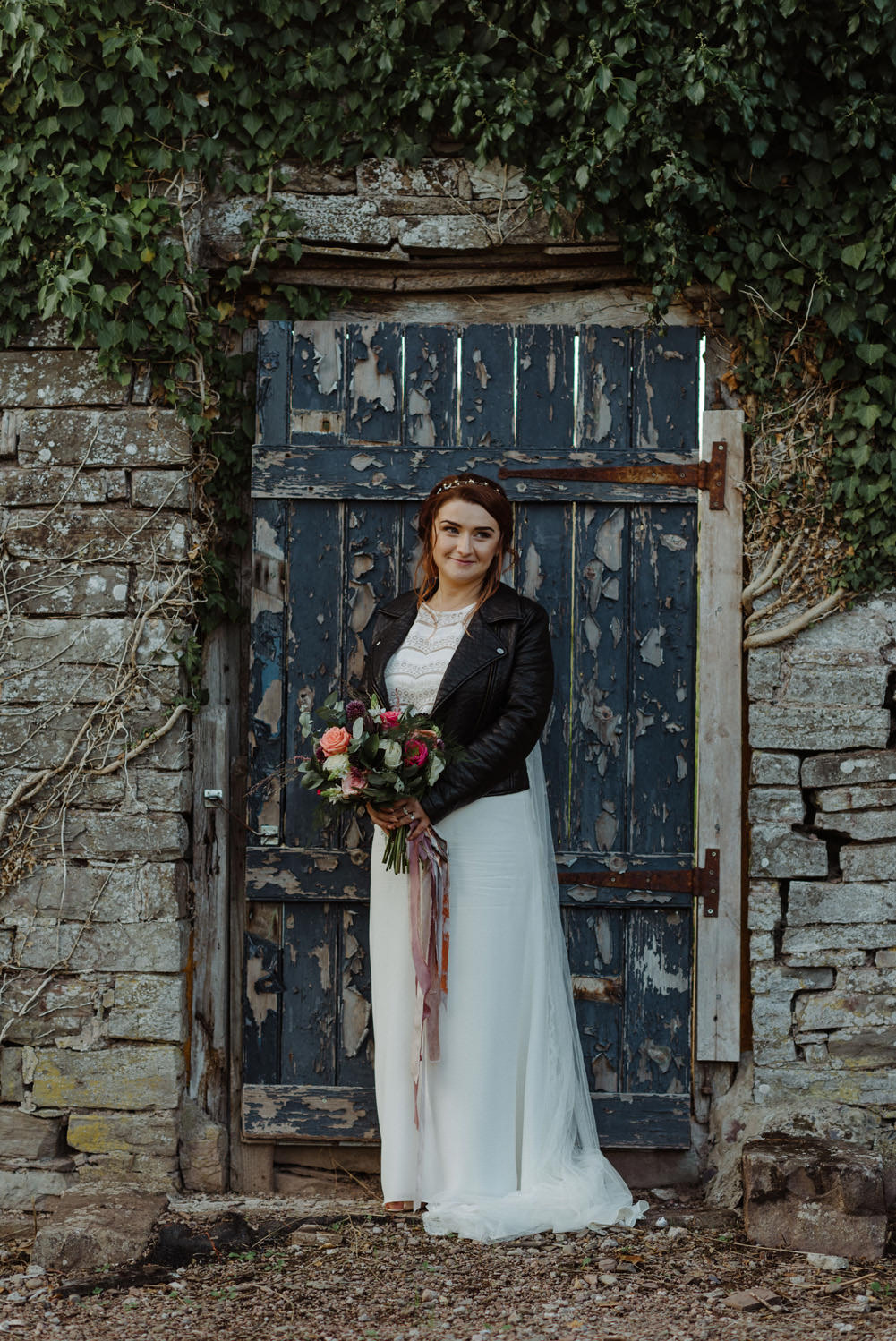 Leather Jacket Bride Slip Dress Bouquet Felin Newydd House Wedding Christopherian.co.uk