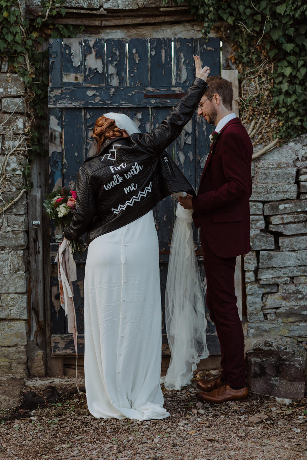 Leather Jacket Bride Bridal Short Cap Sleeve Slip Dress Laure de Sagazan Dress Gown V Back Veil Red Wine Burgundy Suit Felin Newydd House Wedding Christopherian.co.uk