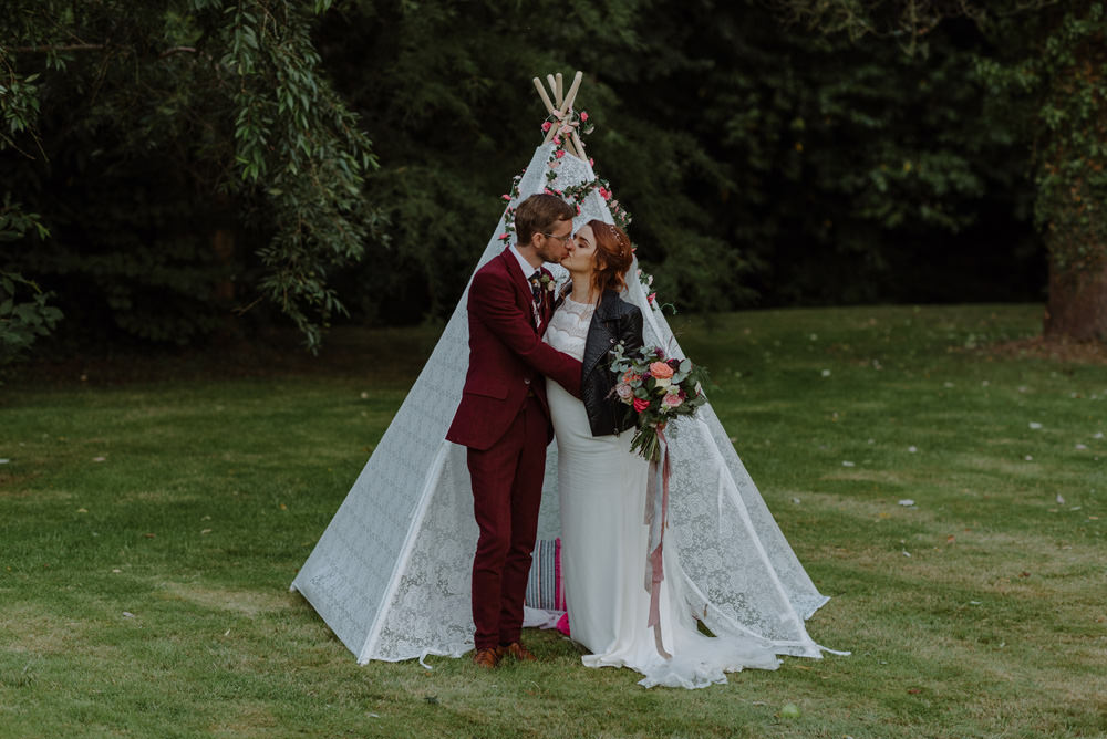 Bride Bridal Short Cap Sleeve Slip Dress Laure de Sagazan Dress Gown V Back Veil Red Wine Burgundy Suit Leather Jacket Tipi Children Kids Felin Newydd House Wedding Christopherian.co.uk