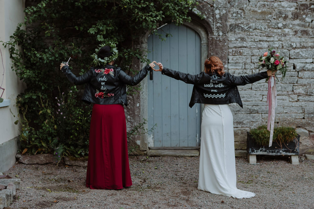 Bride Bridal Short Cap Sleeve Slip Dress Laure de Sagazan Dress Gown V Back Veil Red Wine Burgundy Suit Leather Jacket Bridesmaid Bouquet Ribbon Felin Newydd House Wedding Christopherian.co.uk