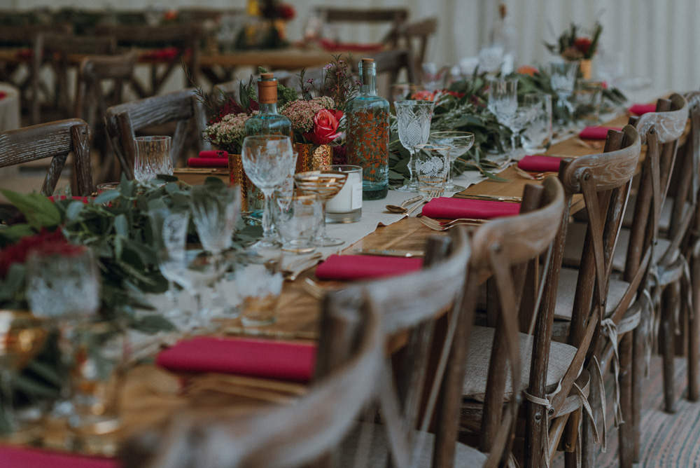 Banqueting Table Red Napkin Greenery Foliage Crystal Glasses Felin Newydd House Wedding Christopherian.co.uk