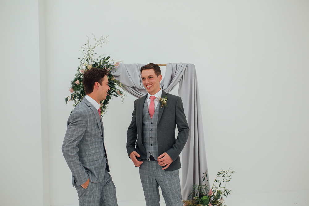 Groom Groomsmen Suit Grey Check Pink Tie Fivefourstudios Wedding Ellie Grace Photography