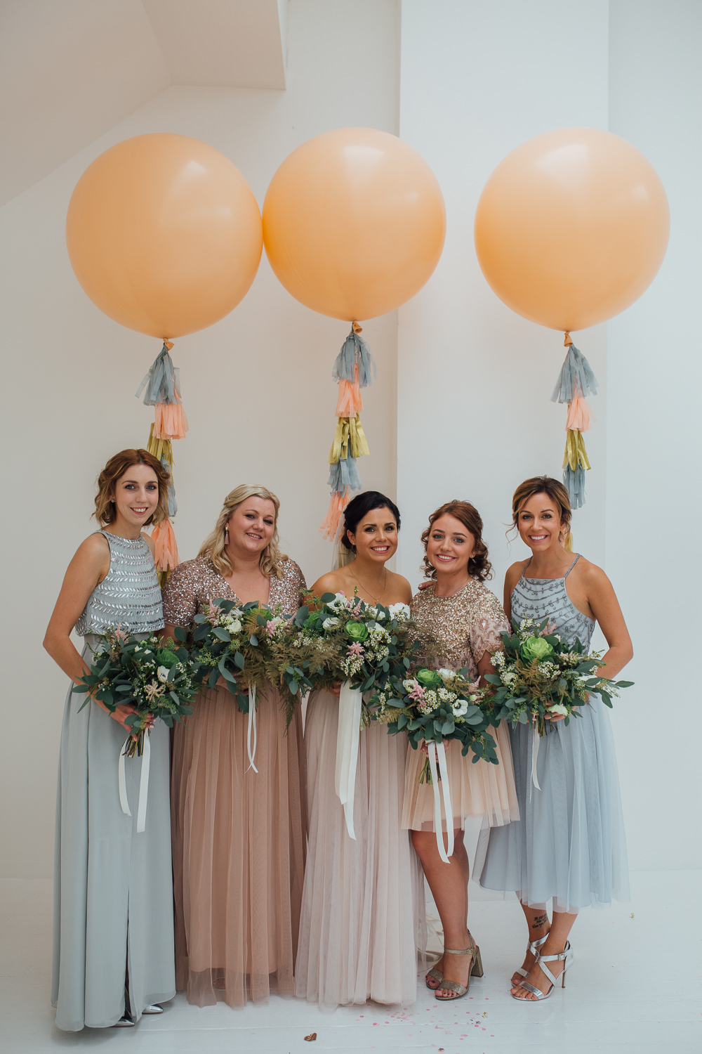 Bridesmaid Bridesmaids Dress Dresses Sequin Mismatched Pastel Giant Balloons Tassels Fivefourstudios Wedding Ellie Grace Photography