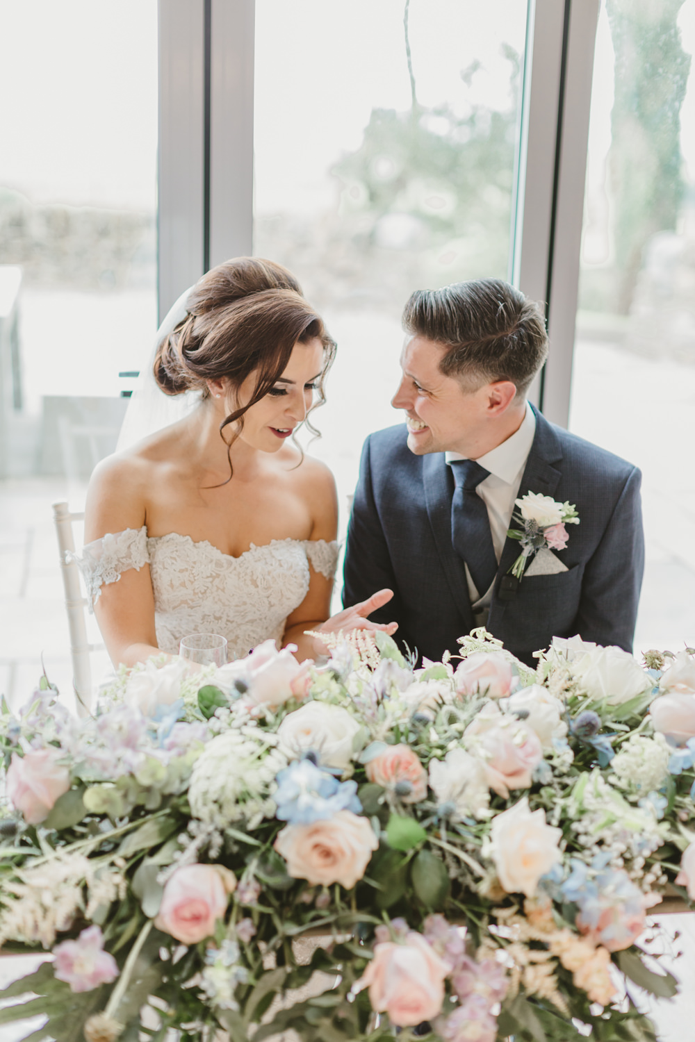 Ceremony Table Flowers Pink Blue GG’s Yard Wedding Amy Lou Photography
