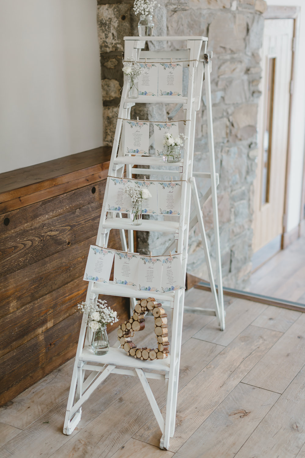 White Wooden Ladder Seating Plan Table Chart Flowers GG’s Yard Wedding Amy Lou Photography