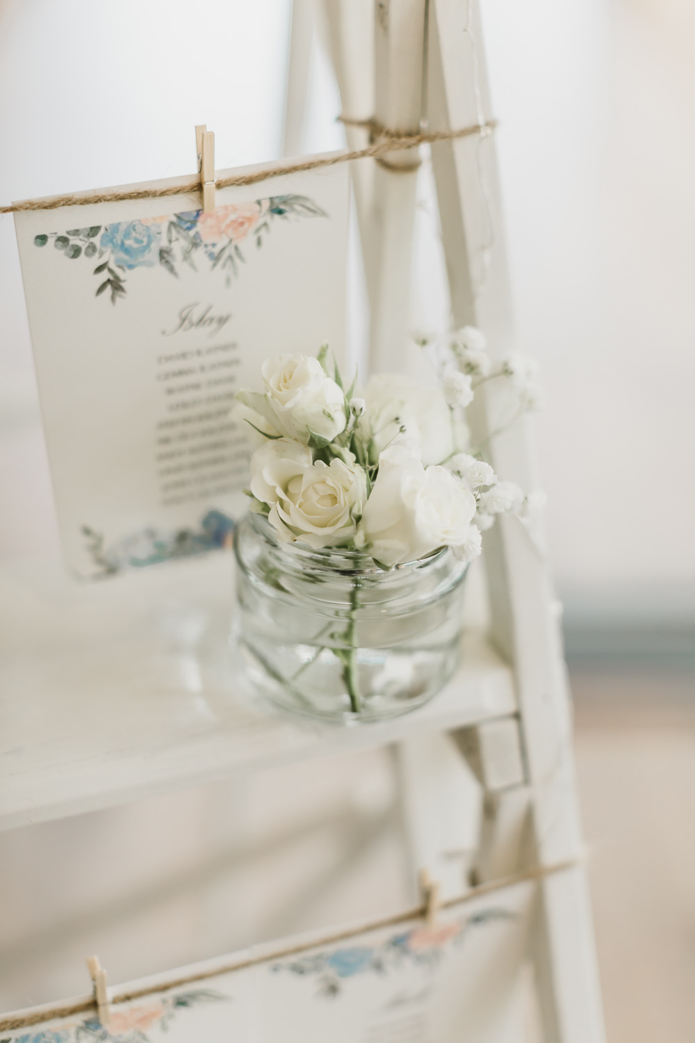 White Wooden Ladder Seating Plan Table Chart Flowers GG’s Yard Wedding Amy Lou Photography