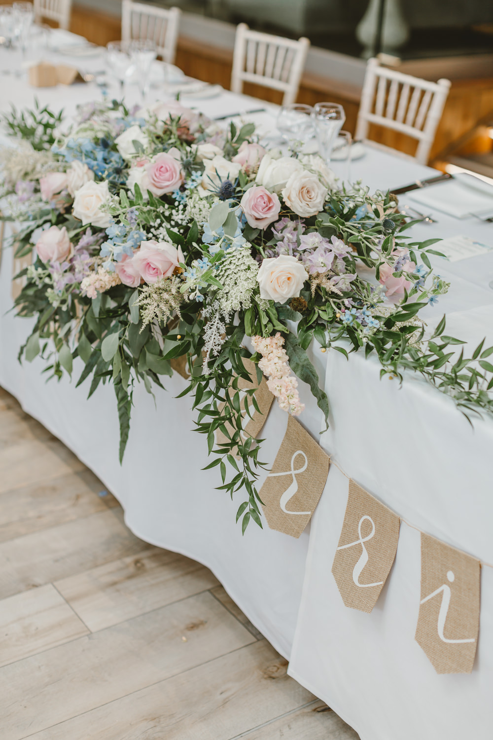 Top Table Flowers Arrangement Pink Blue Rose Greenery Foliage GG’s Yard Wedding Amy Lou Photography