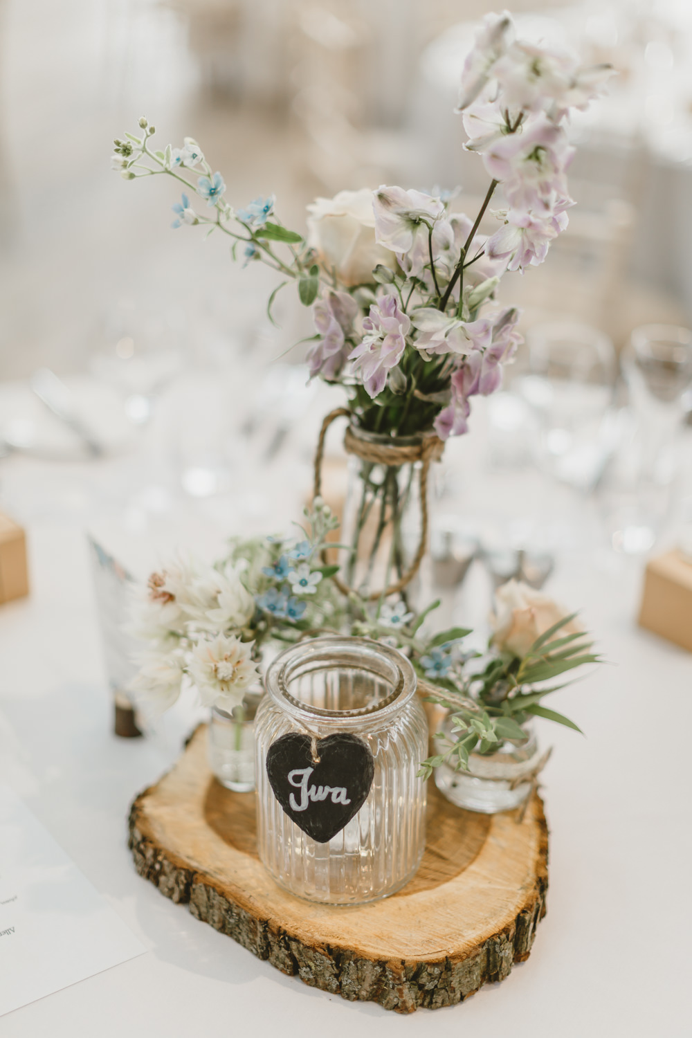 Table Centrepiece Decor Log Slice Flowers Jars Pretty Slate Heart Table Name GG’s Yard Wedding Amy Lou Photography