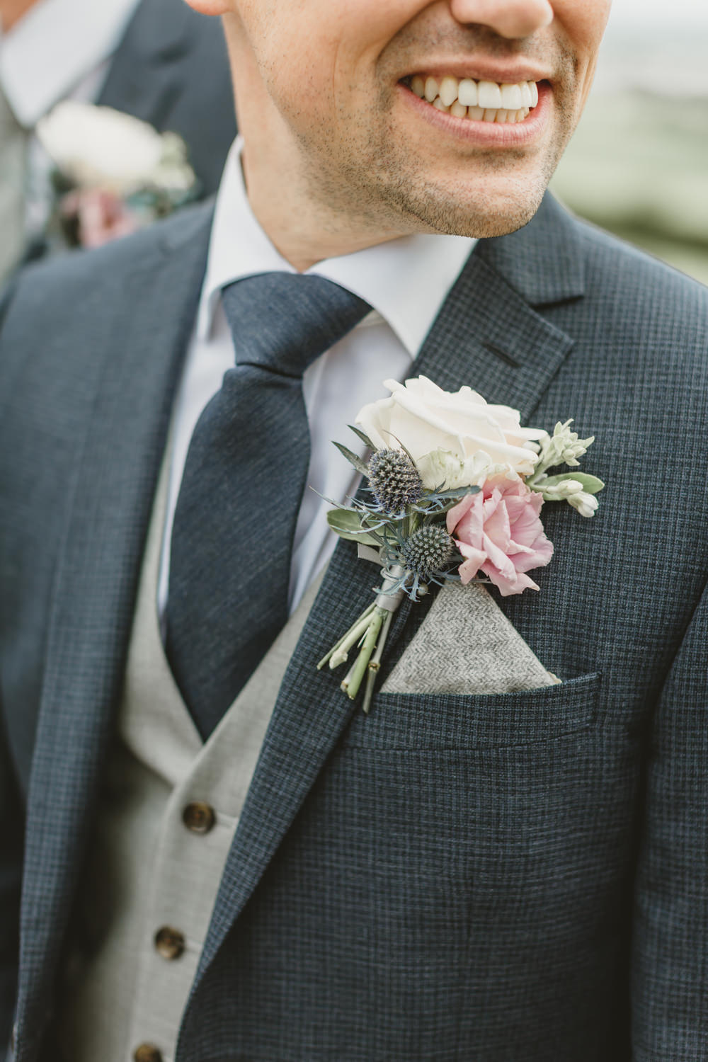 Groom Suit Groomsmen Navy Tie Waistcoat Rose Thistle Buttonhole GG’s Yard Wedding Amy Lou Photography