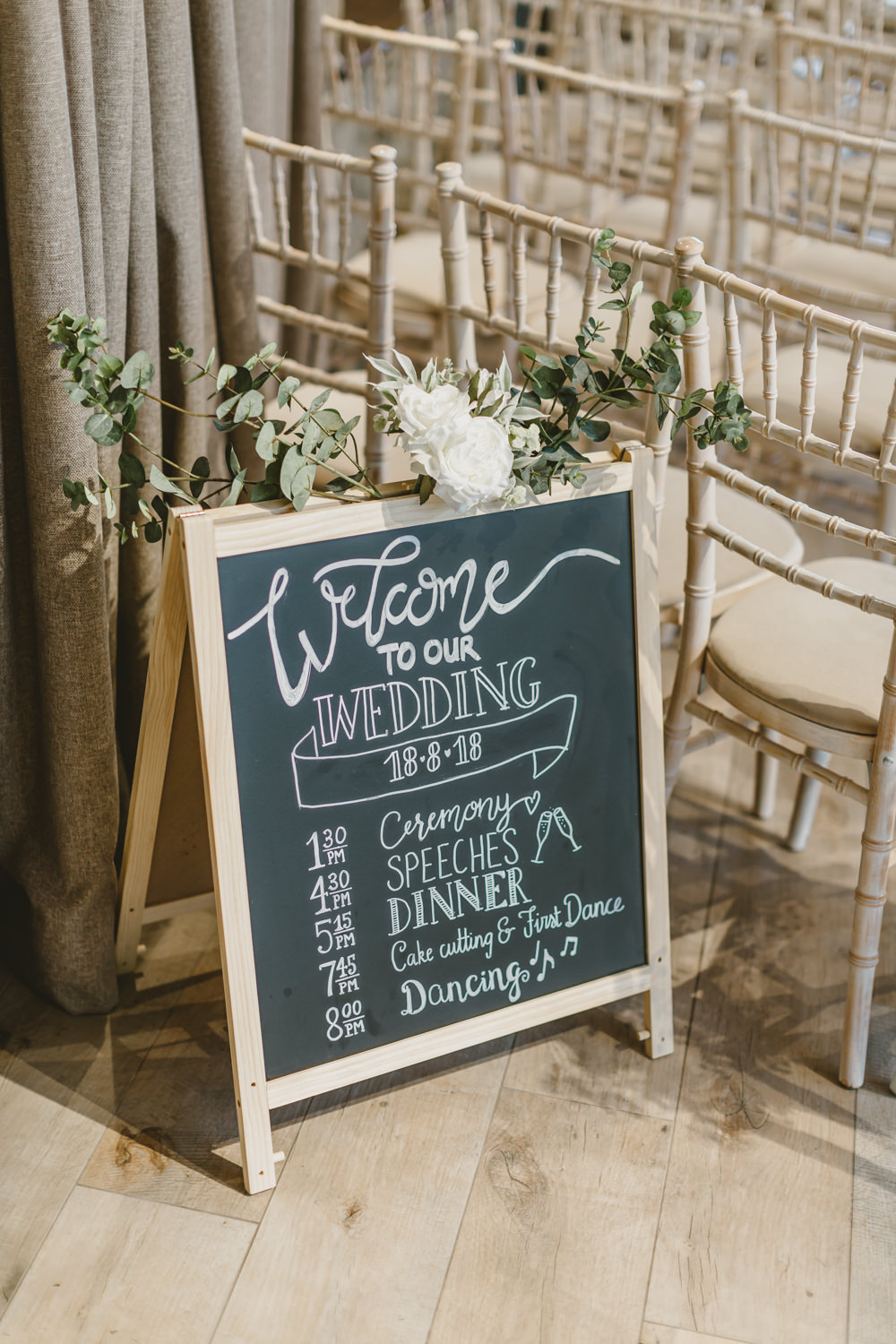 Welcome Sign Chalk Board Calligraphy Flowers GG’s Yard Wedding Amy Lou Photography