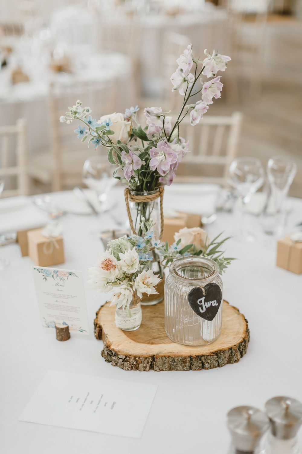 Table Centrepiece Decor Log Slice Flowers Jars Pretty GG’s Yard Wedding Amy Lou Photography
