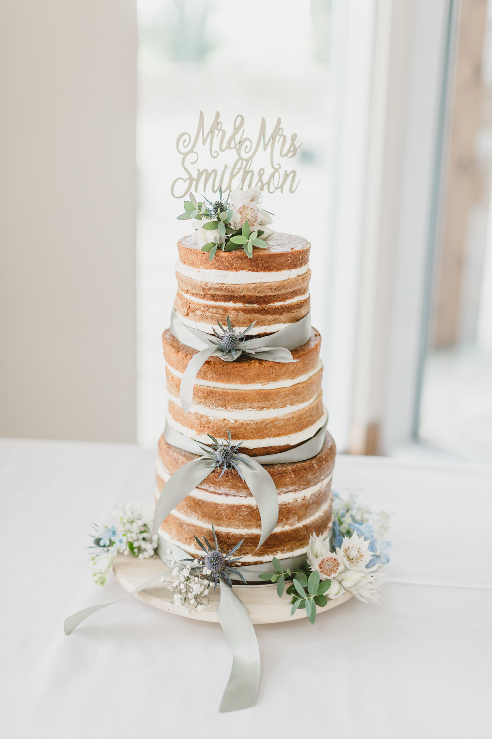 Naked Cake Sponge Layer Buttercream Flowers Personalied Name Topper GG’s Yard Wedding Amy Lou Photography