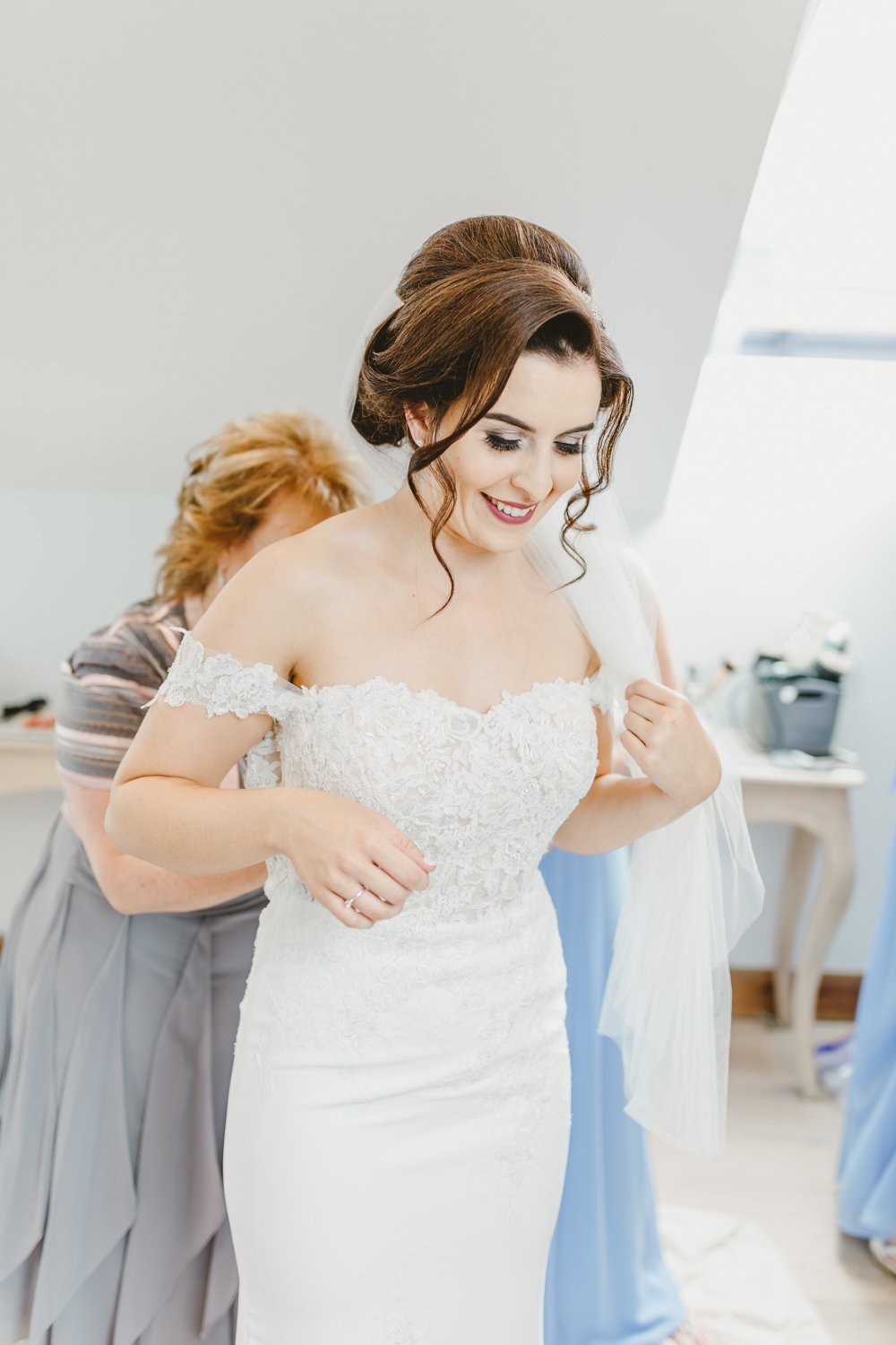 Bardot Sleeve Off Shoulder Dress Bride Bridal Gown Lace Sweetheart Fit Flare GG’s Yard Wedding Amy Lou Photography
