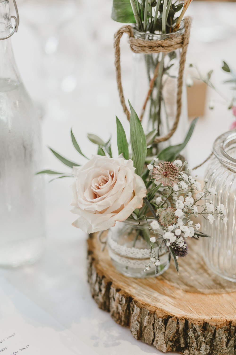 Table Centrepiece Decor Log Slice Flowers Jars Pretty GG’s Yard Wedding Amy Lou Photography
