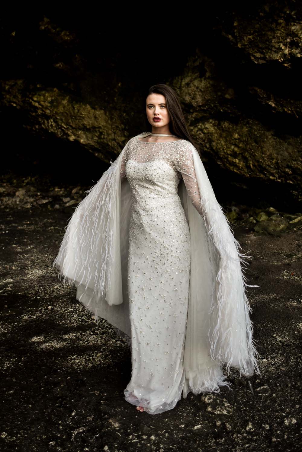 Dress Gown Bride Bridal Eliza Jane Howell Celestial Stars Starry Feather Cape Flower Crown Game Of Thrones Wedding Tara Florence