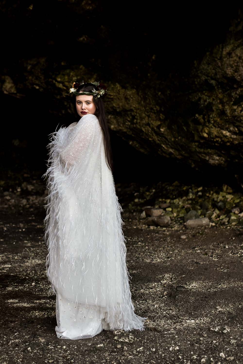 Dress Gown Bride Bridal Eliza Jane Howell Celestial Stars Starry Feather Cape Flower Crown Game Of Thrones Wedding Tara Florence