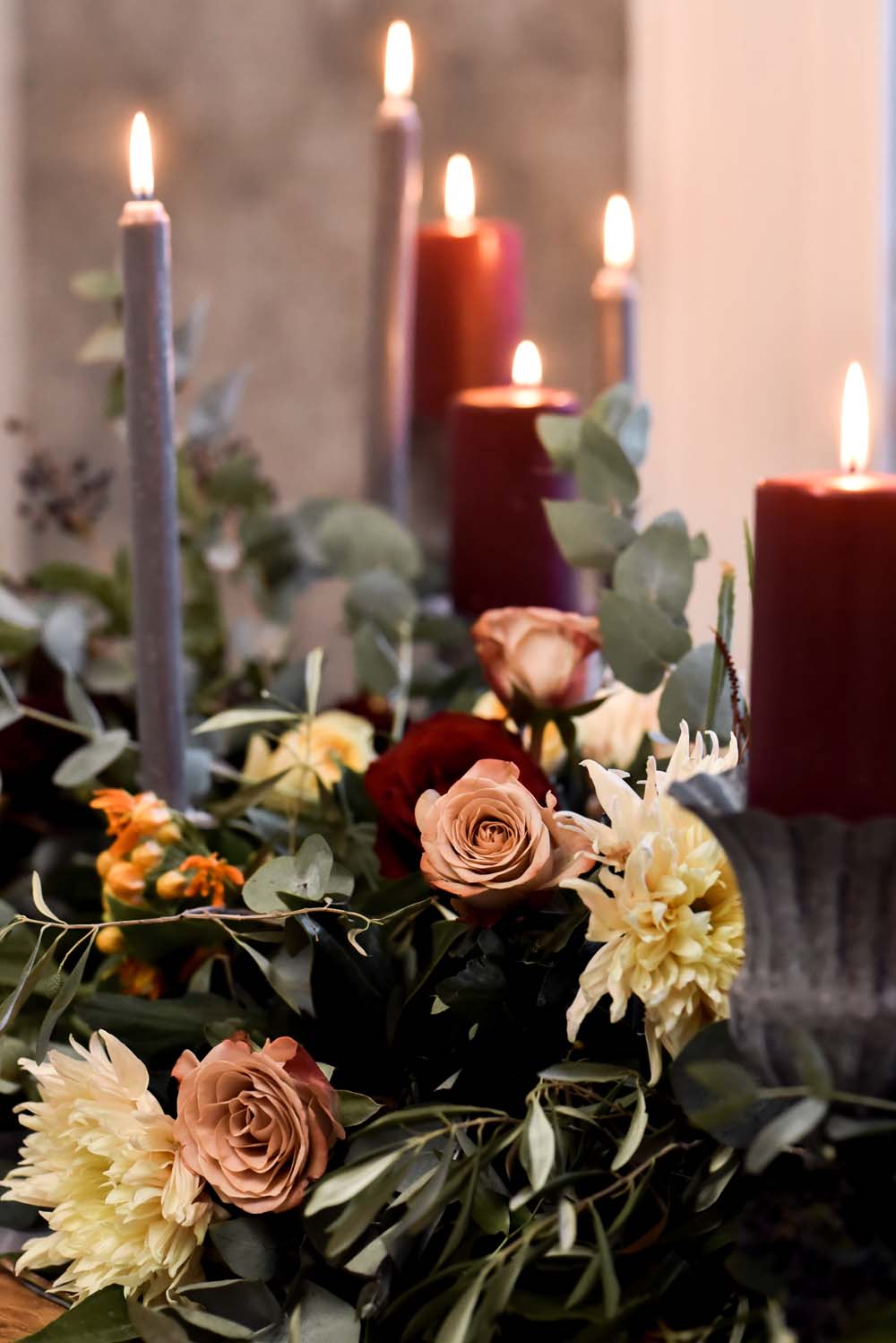 Table Flowers Orange Rose Greenery Candles Decor Game Of Thrones Wedding Tara Florence