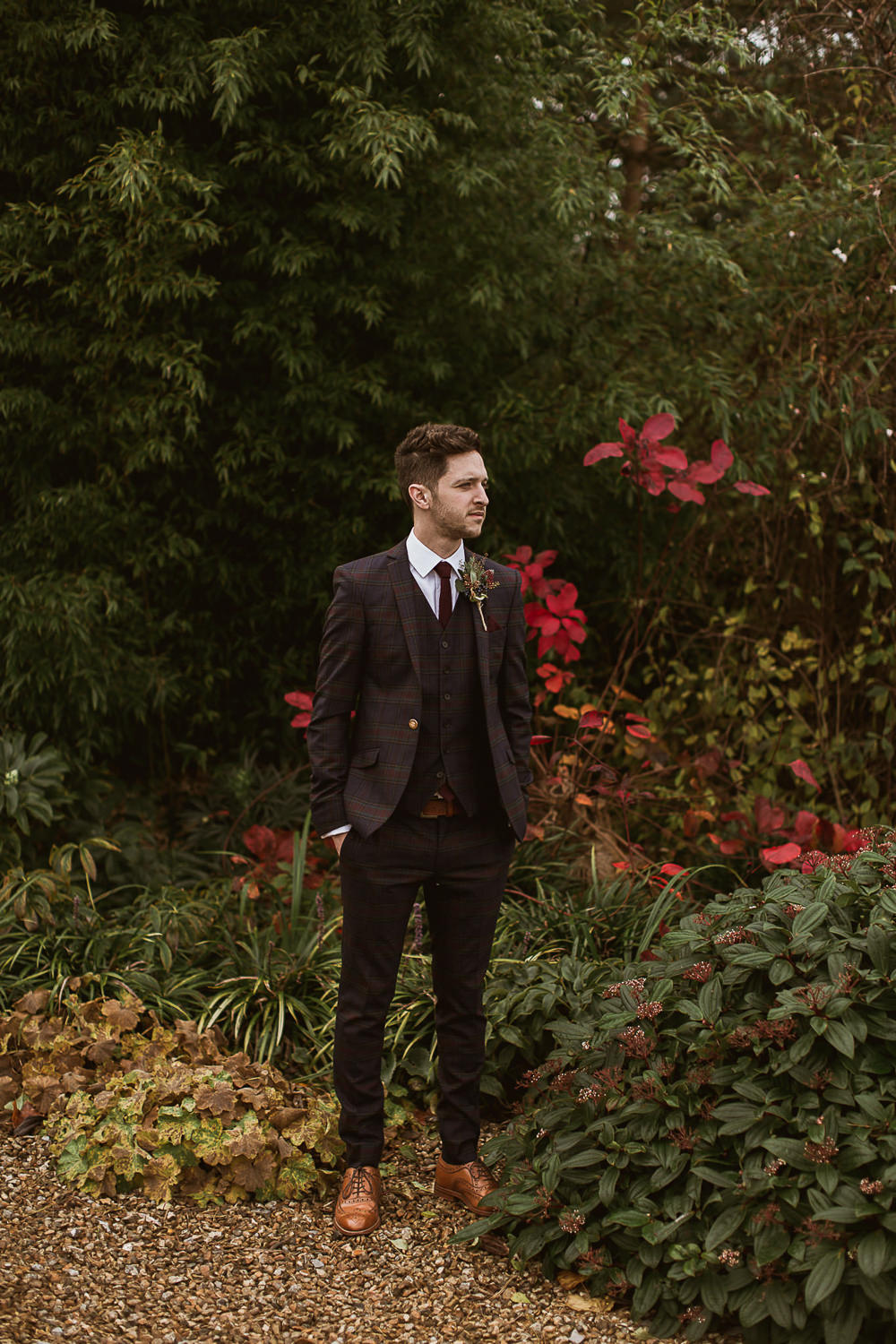 Groom Style Suit Outfit Attire Tartan Burgundy Tie Gate Street Barn Wedding The Springles