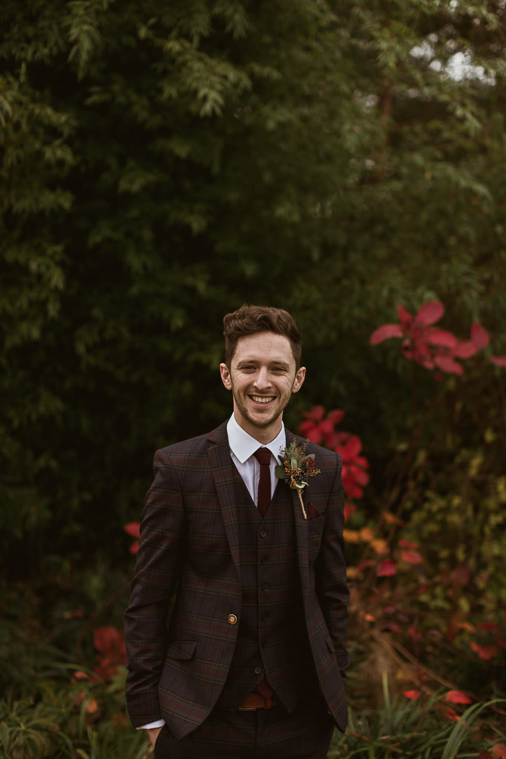 Groom Style Suit Outfit Attire Tartan Burgundy Tie Gate Street Barn Wedding The Springles