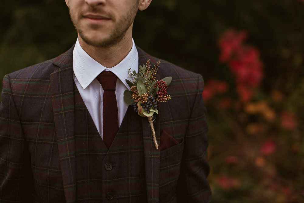Groom Style Suit Outfit Attire Tartan Burgundy Tie Buttonhole Gate Street Barn Wedding The Springles