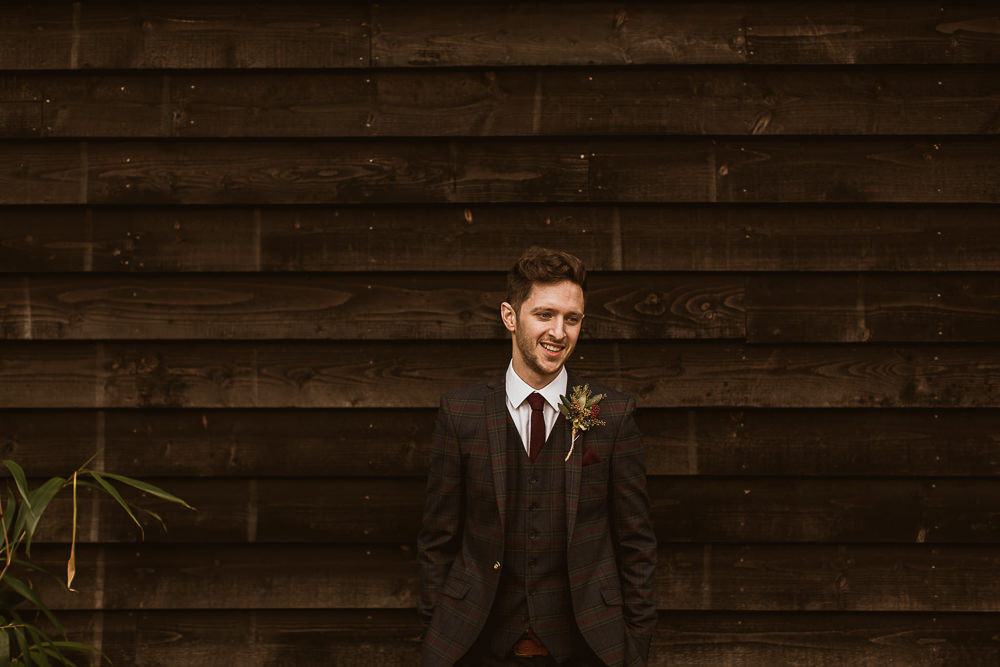 Groom Style Suit Outfit Attire Tartan Burgundy Tie Gate Street Barn Wedding The Springles